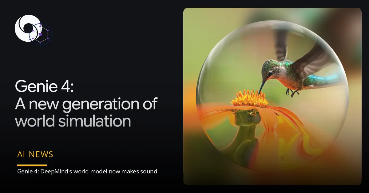 Google DeepMind's official Genie 4 preview frame showing a hummingbird feeding at an orange flower inside a glass sphere