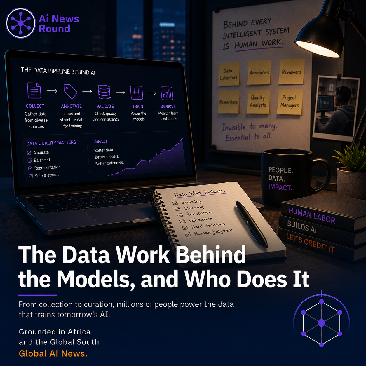Diagram showing the AI data lifecycle from raw unstructured data scraping to human data annotation, RLHF evaluation, and final model training.