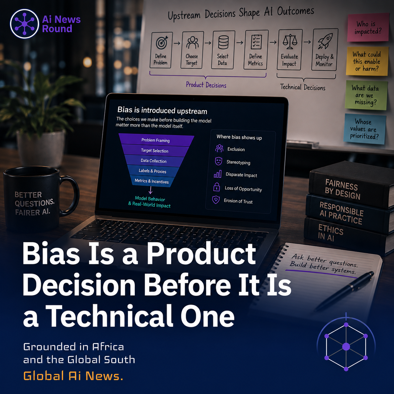 Diagram mapping how product management decisions in data selection, user interface framing, and optimization metrics introduce systemic AI bias before model training.