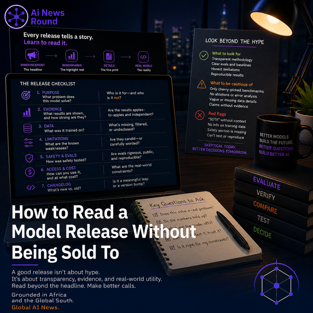 Diagram mapping how to audit an AI model release announcement, highlighting key areas like benchmark selection, context window tricks, and cherry-picked evaluations.