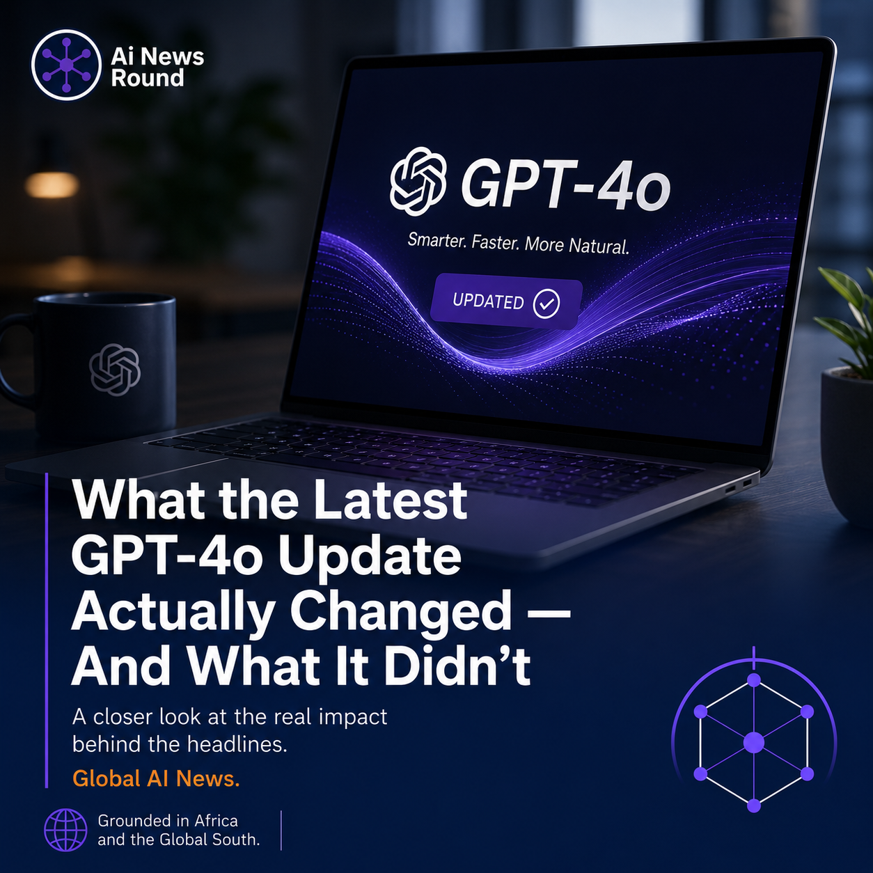 Side-by-side technical comparison diagram illustrating the GPT-4o update, contrasting improvements in instruction-following, formatting precision, and vision parsing against static