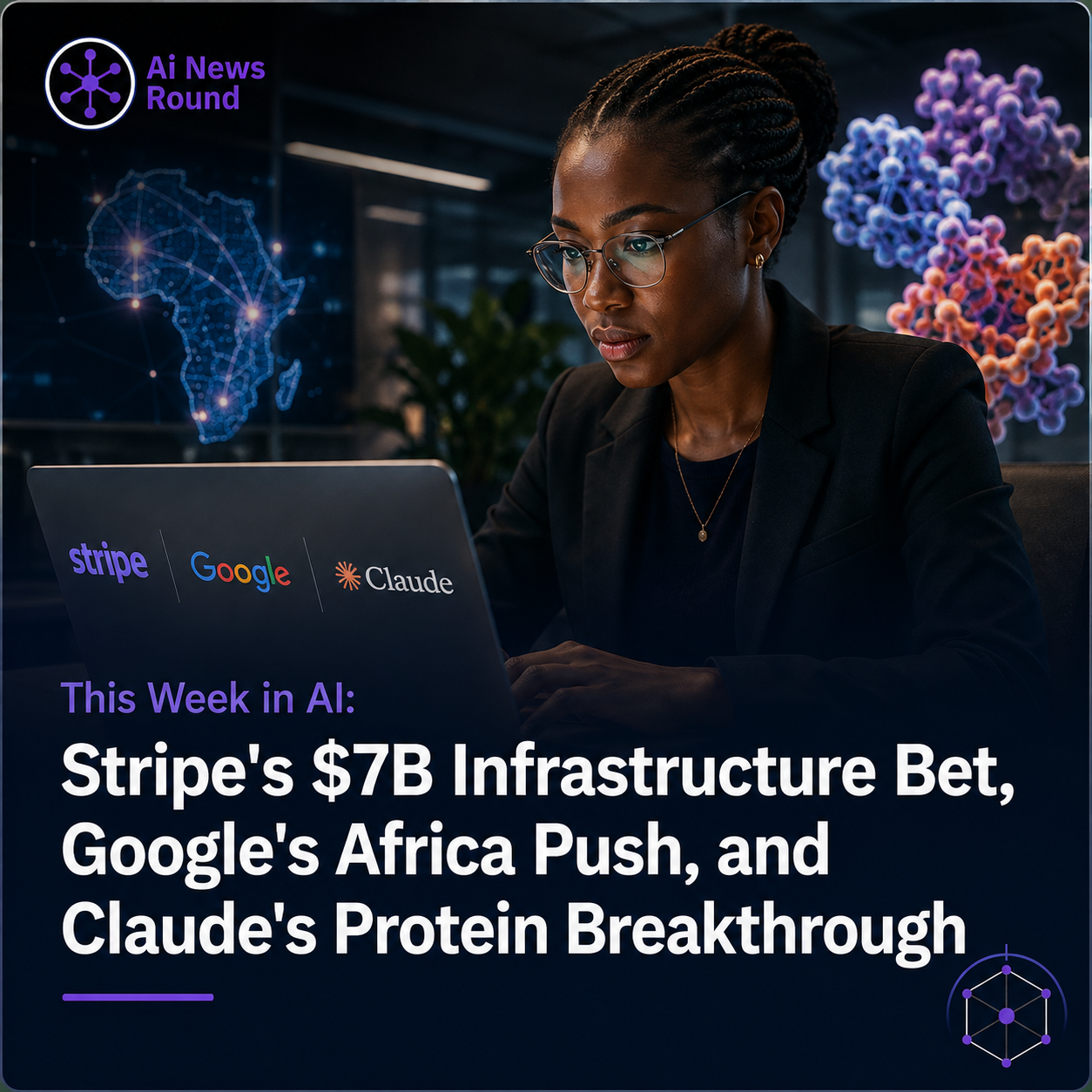 Split-frame digital illustration showing a payments-infrastructure network graphic on one side and an African cityscape overlaid with cloud/AI network nodes on the other, symbolizi