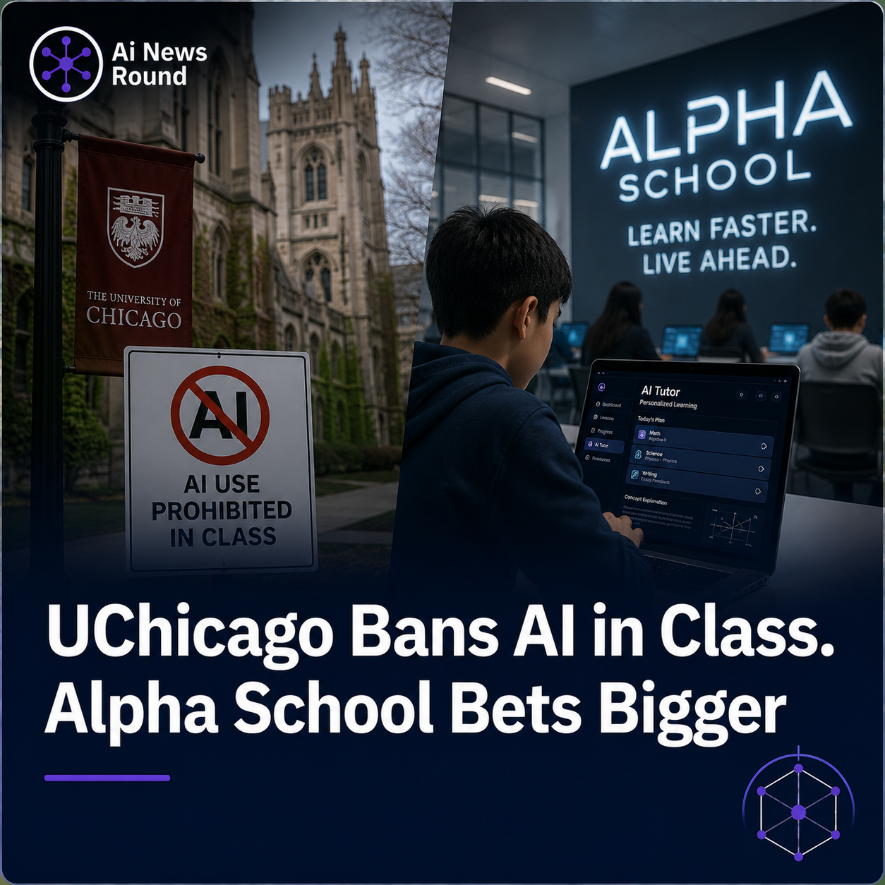 Split-screen illustration comparing AI policies in education, showing the University of Chicago banning AI use in classrooms on one side and an Alpha School student using an AI-pow