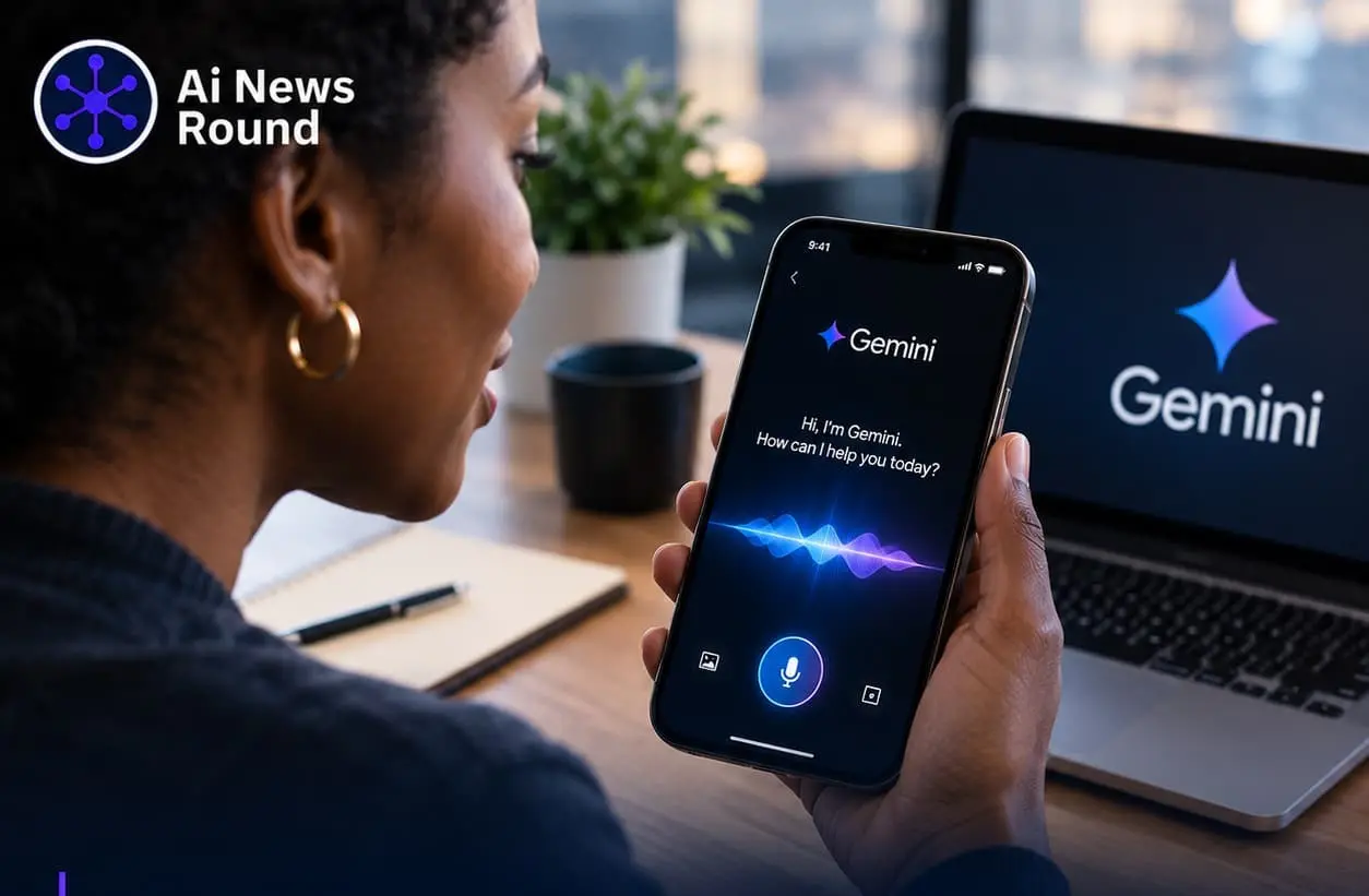 Black woman using Gemini 3.8 Live on a smartphone with a laptop displaying Gemini in the background, illustrating Google’s launch of Gemini 3.8 Live and Gemini 3.8 Live Extended Th