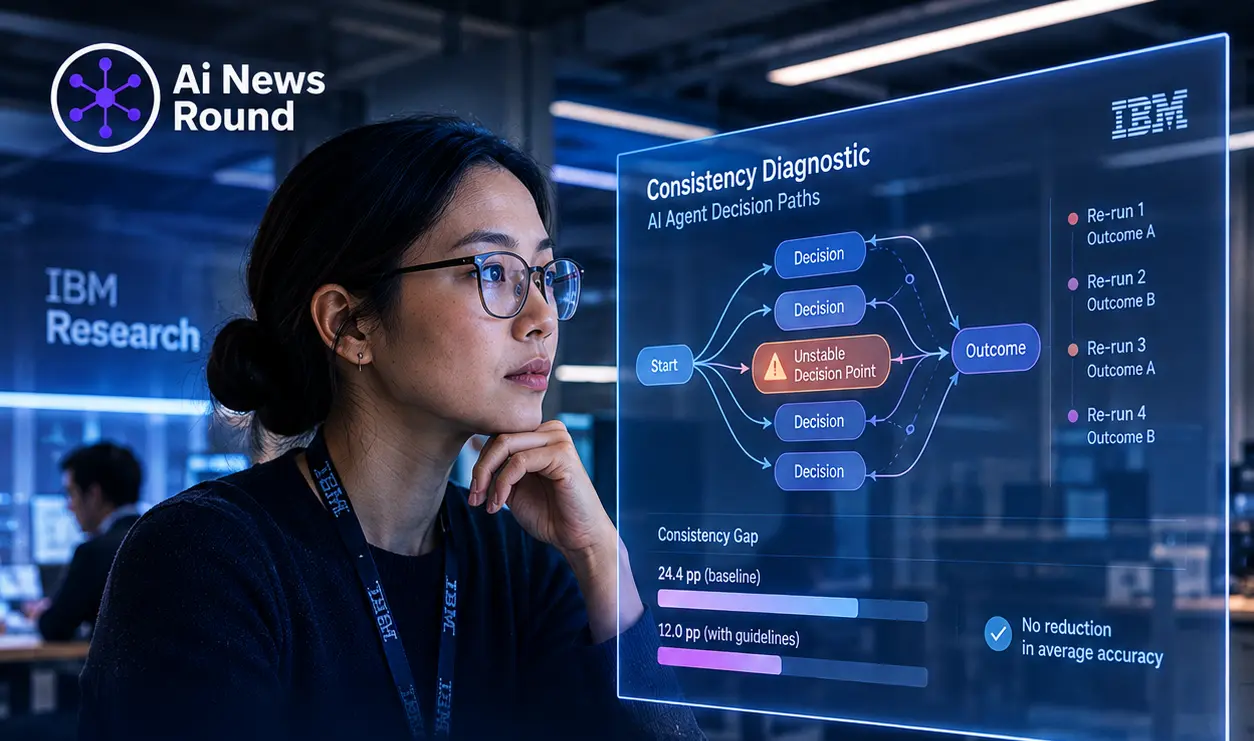 IBM Research scientist reviewing a Consistency Diagnostic for AI agents, with a visualized decision path, unstable decision points, and consistency-gap metrics displayed on a digit