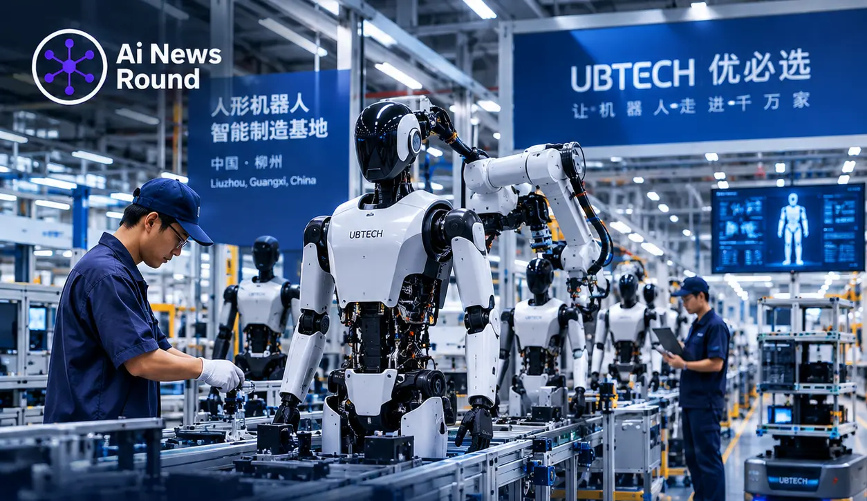 Alt text: UBTECH smart manufacturing plant in Liuzhou, China, showing humanoid robots and workers on an automated assembly line as the facility begins large-scale production of hum