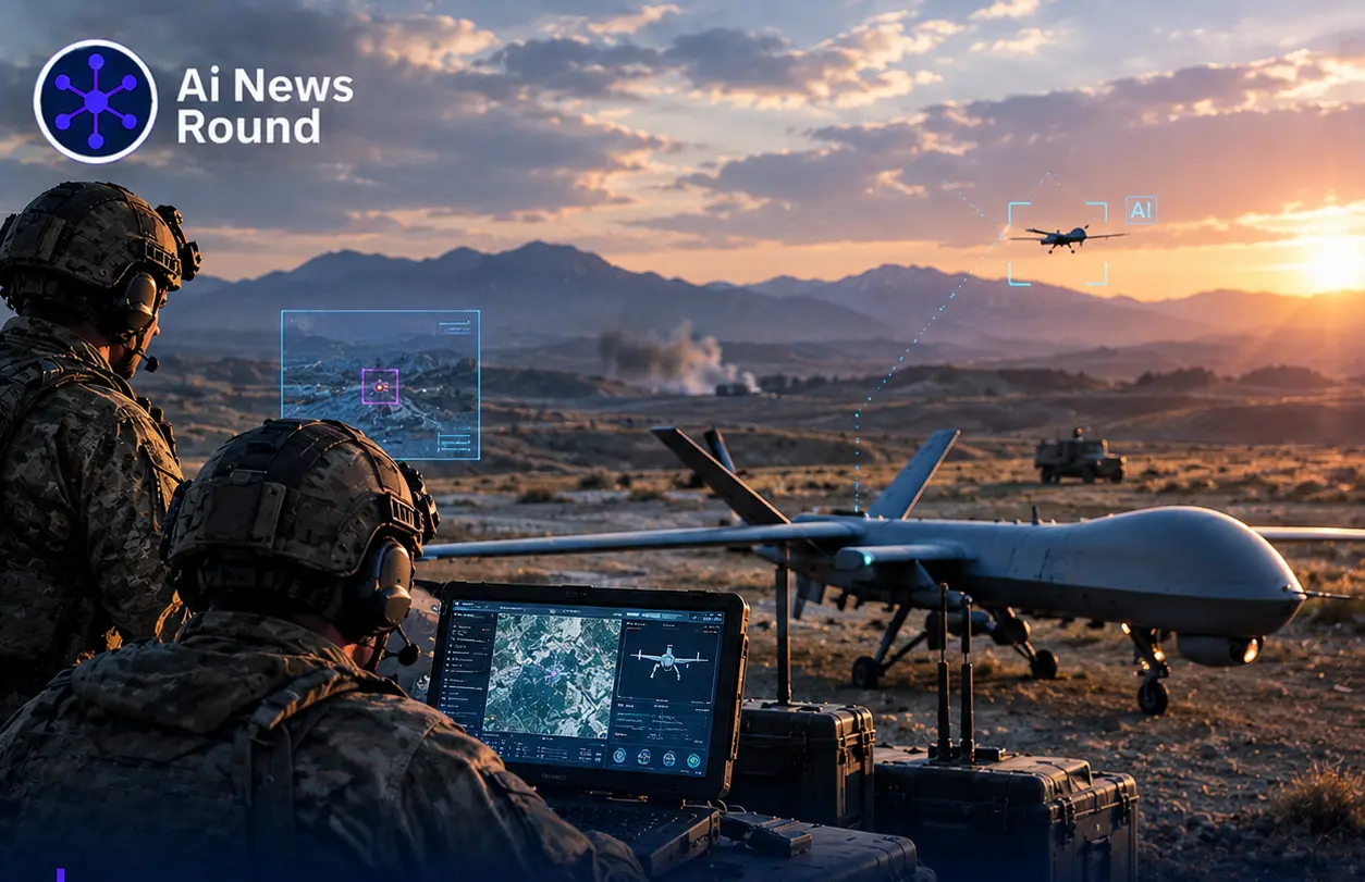 Military personnel operating an AI-enabled drone system in a battlefield environment, illustrating how front-line combat zones are becoming real-world testing grounds for artificia
