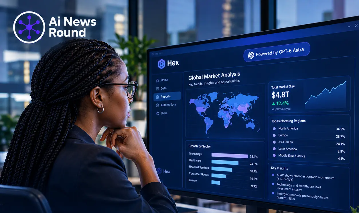 Hex data analytics platform using GPT-6 Astra to generate interactive visual reports, with a professional reviewing AI-powered charts, maps, market insights, and automated data vis