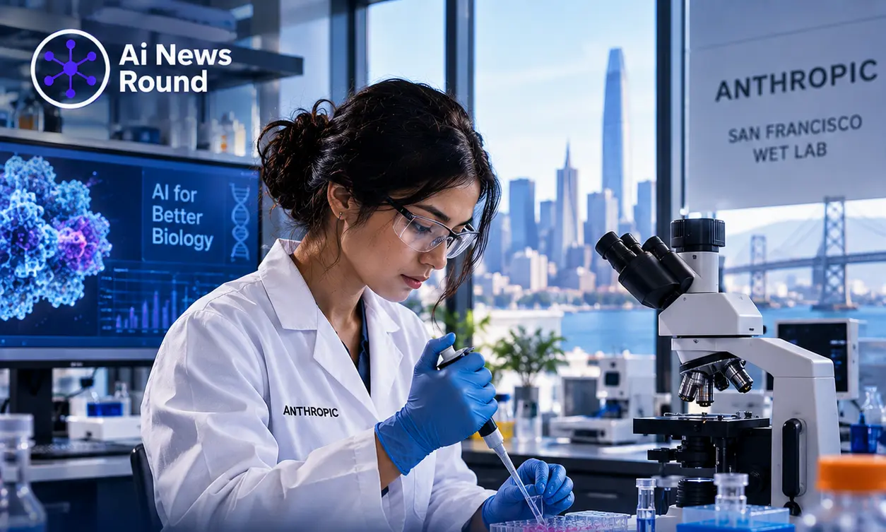 SEO Alt Text: Anthropic San Francisco wet lab with a scientist conducting life sciences research using laboratory equipment, illustrating the company’s expansion into physical biol
