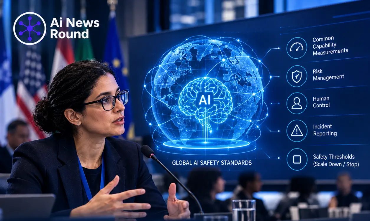 OpenAI global AI safety standards concept showing an international policy forum, AI globe, and safeguards for governing self-improving artificial intelligence systems, including ri