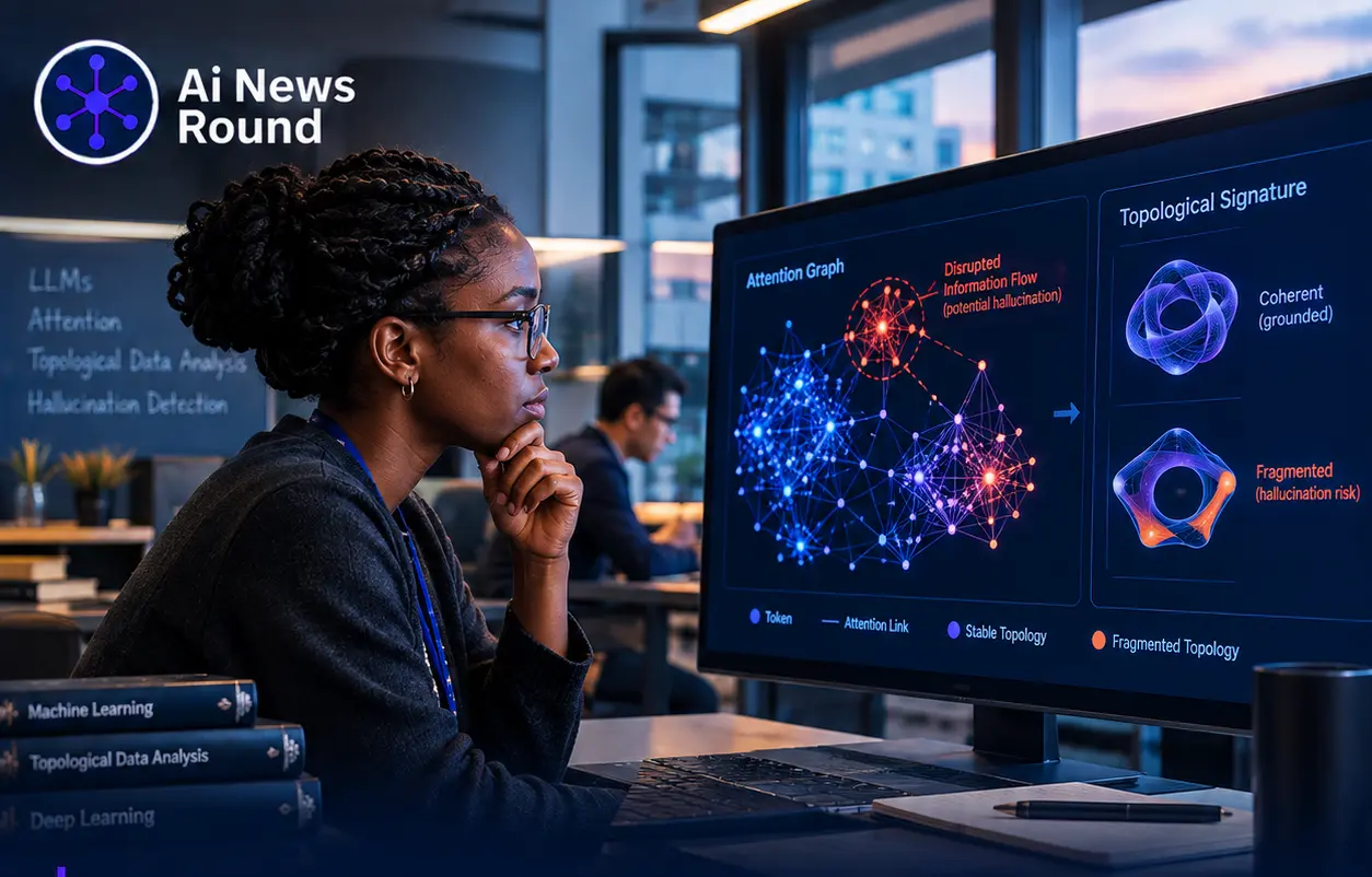 AI researcher analyzing attention graphs and topological signatures on a monitor, illustrating a new approach to detecting hallucinations in large language models through patterns