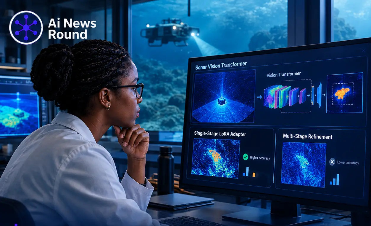 AI researcher analyzing sonar imagery and a Vision Transformer on a large monitor, illustrating research comparing single-stage LoRA adapters with multi-stage refinement for sonar