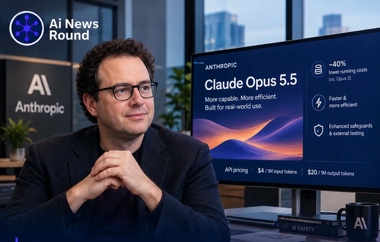 Anthropic executive alongside a Claude Opus 5.5 interface showing lower running costs, faster performance, and enhanced safeguards, illustrating Anthropic’s September 2026 launch o
