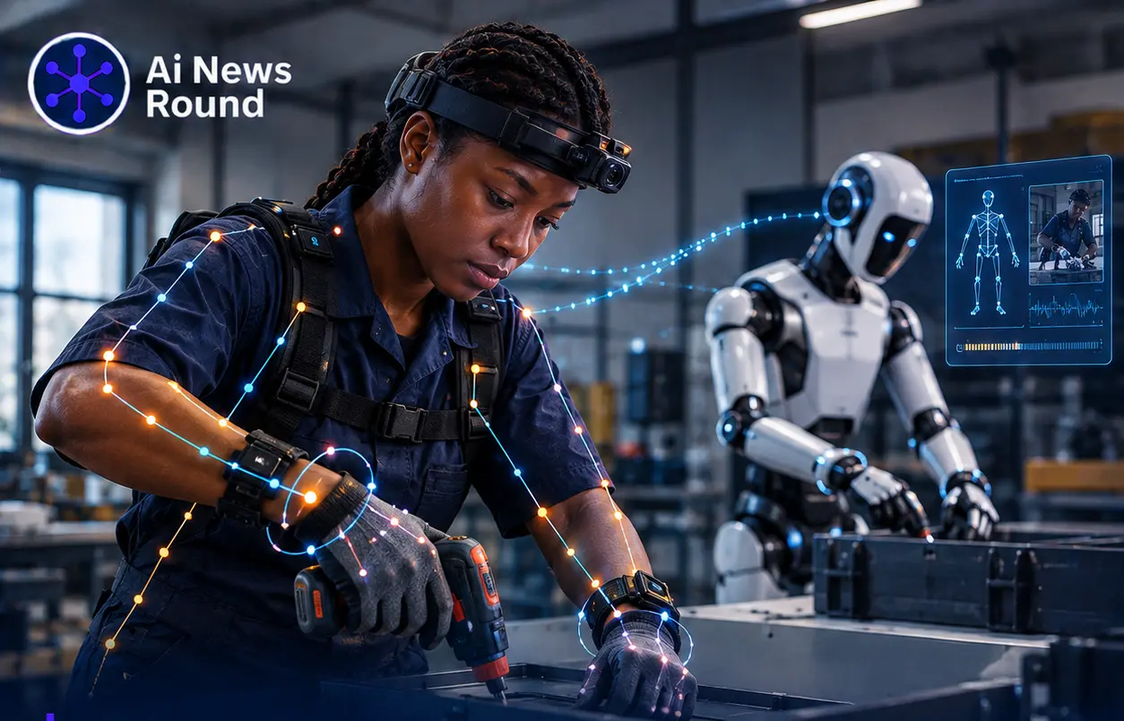 Factory worker wearing motion-capture equipment while performing a manual task beside a humanoid robot, illustrating how human movements and physical labour are being recorded as t