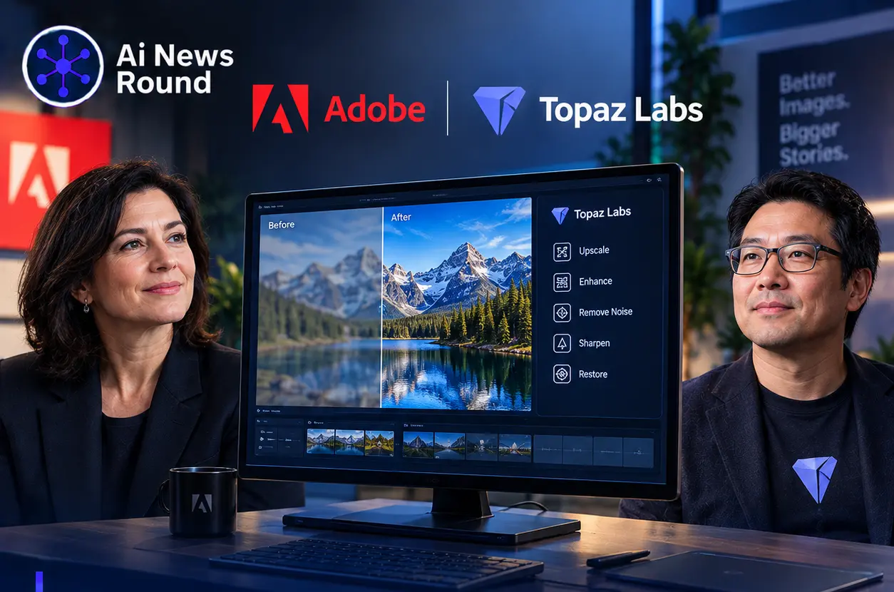 Adobe and Topaz Labs executives presented alongside an image-enhancement interface, illustrating Adobe’s completed $340 million acquisition of Topaz Labs and the integration of its