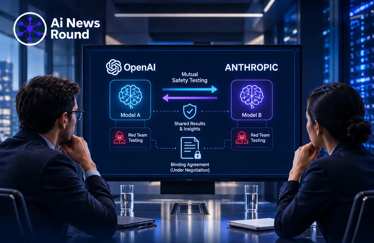 OpenAI and Anthropic mutual AI safety testing concept showing the two companies evaluating each other’s models through red-team testing as they pursue a legally binding cross-lab s