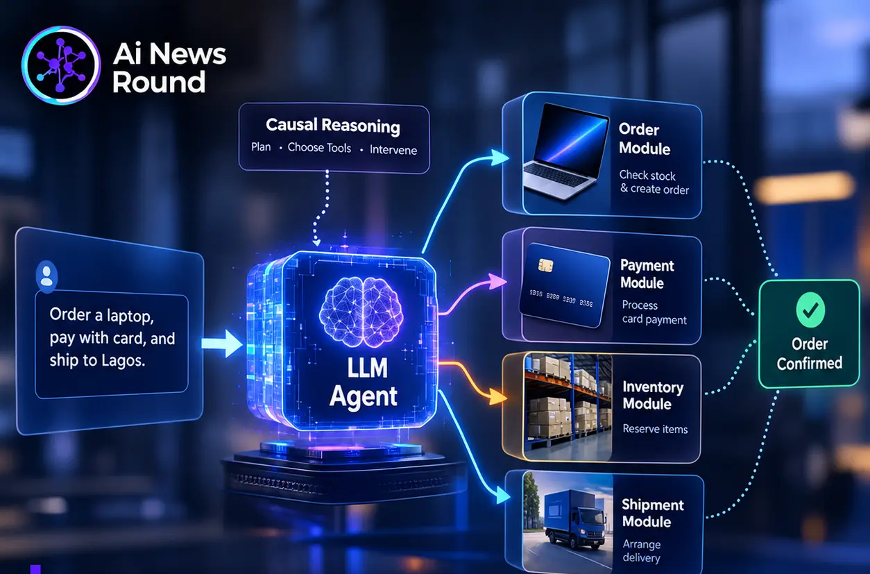 AI agent using causal reasoning to coordinate order, payment, inventory, and shipment modules, illustrating research on when causal world models improve modular LLM agents.