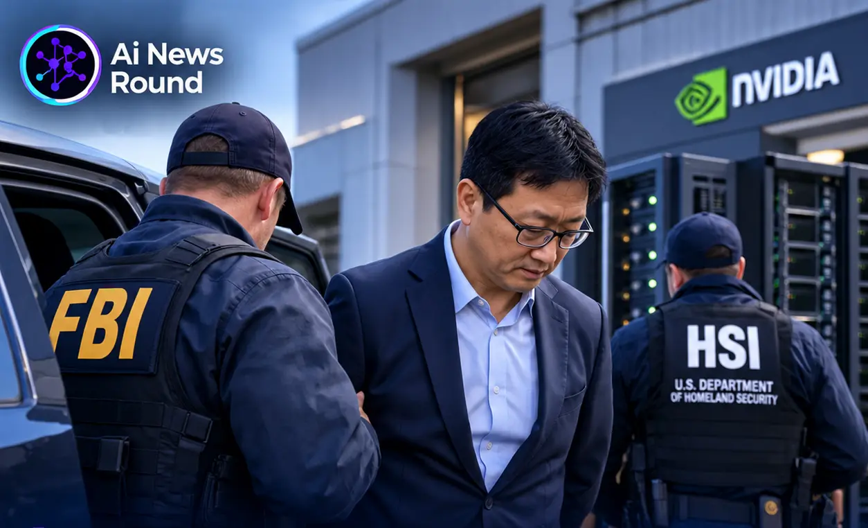 : California technology company owner being escorted by federal agents outside a server facility, illustrating the alleged $300 million scheme involving export-controlled NVIDIA GP