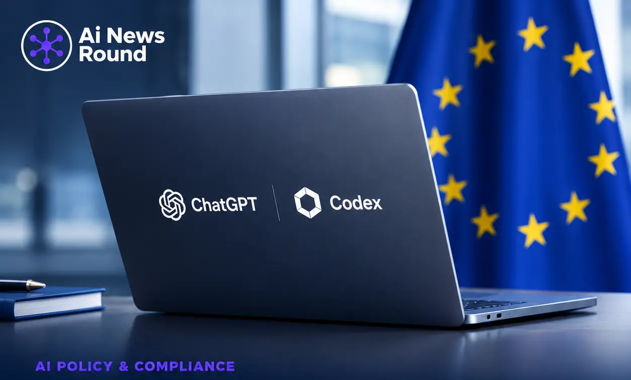 OpenAI ChatGPT and Codex represented on a laptop with the European Union flag in the background, illustrating OpenAI’s textGrain watermarking for AI-generated text under EU AI Act