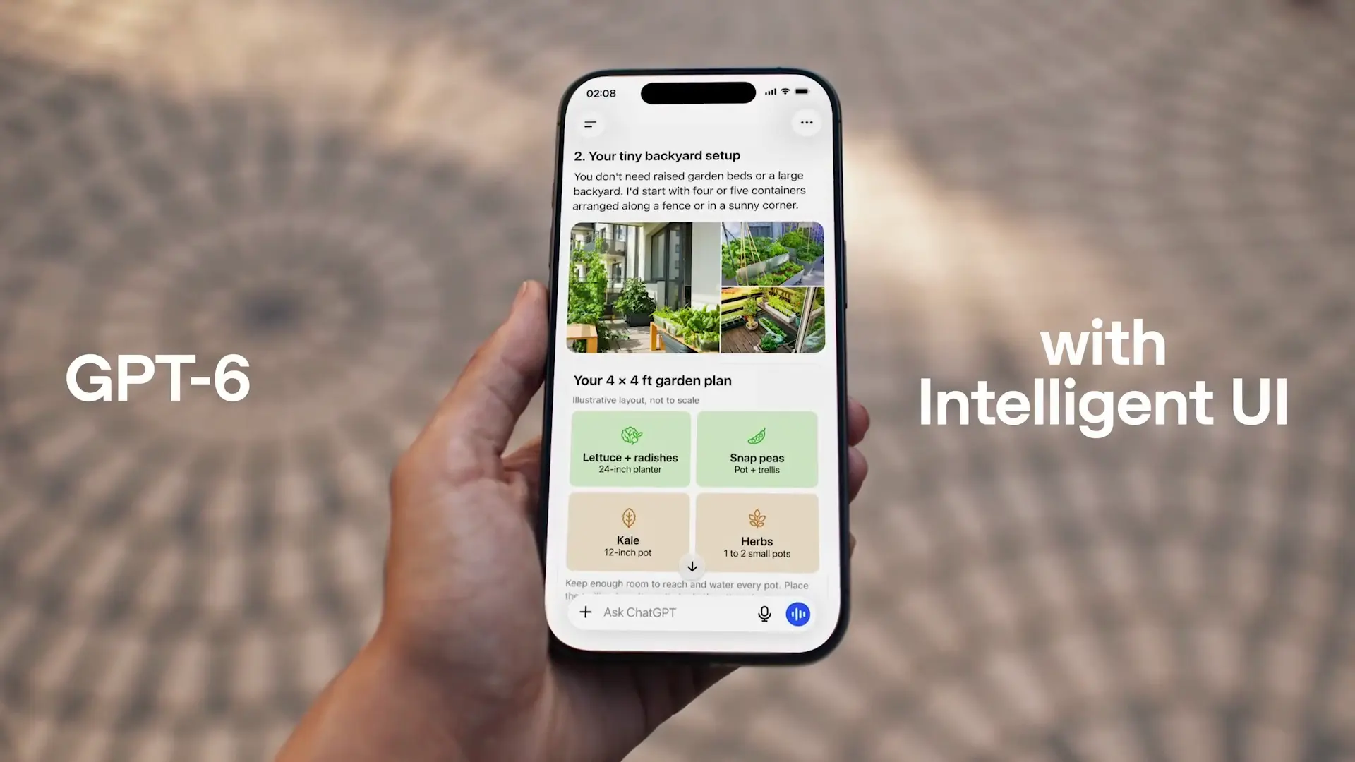 GPT-6 and ChatGPT Intelligent UI displayed on a smartphone, illustrating OpenAI’s rollout of smarter reasoning and interactive AI features across ChatGPT tiers.