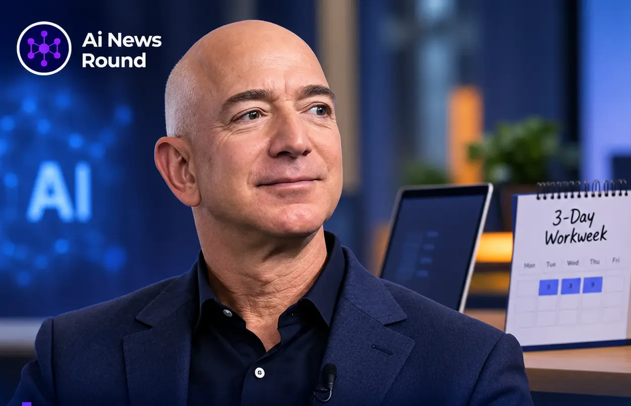 Jeff Bezos in a navy suit beside a calendar marked “3-Day Workweek” and an AI display, illustrating his prediction that AI-driven productivity gains could allow some people to work