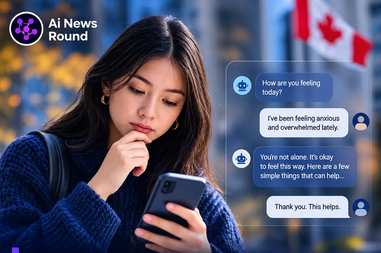 Young Canadian woman using a smartphone while reading an AI chatbot conversation about anxiety and emotional support, illustrating a report that one in three young Canadians rely o
