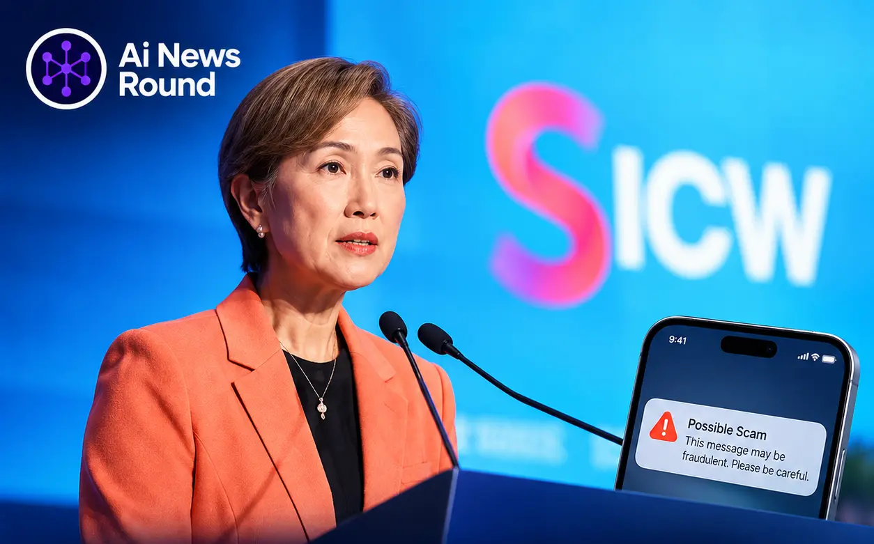 Singaporean government official speaking at the Singapore International Cyber Week conference beside a smartphone displaying a scam warning, illustrating the collaboration between