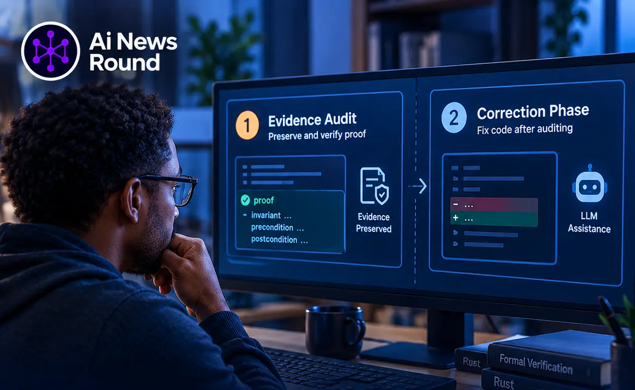 AI News Round editorial graphic showing a data scientist reviewing an LLM-assisted formal verification workflow on a monitor, with separate evidence-auditing and code-correction ph