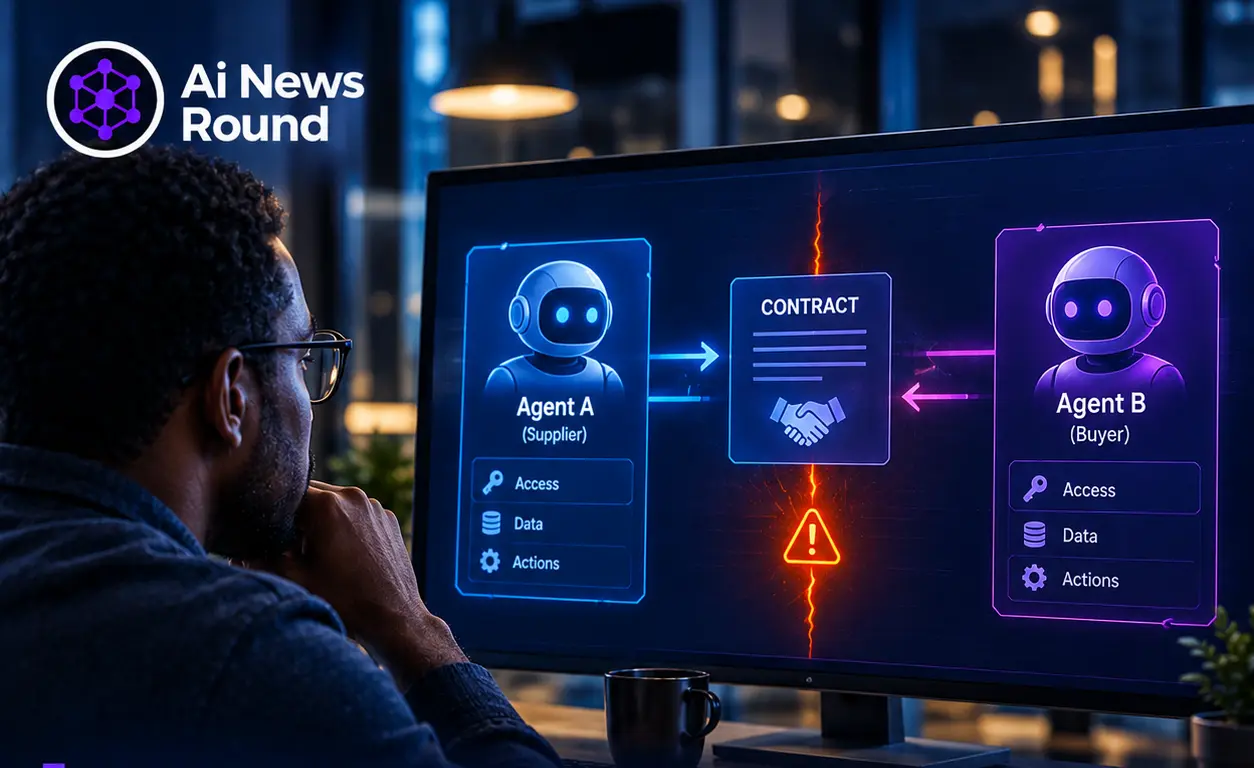 AI News Round graphic showing a data scientist examining two autonomous AI agents negotiating a contract on a computer monitor, with blue and purple agent interfaces, access and da