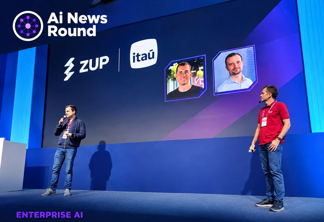Itaú Unibanco and Zup executives presenting their generative AI strategy at a technology conference, illustrating how the Brazilian bank is building customer-facing AI solutions at