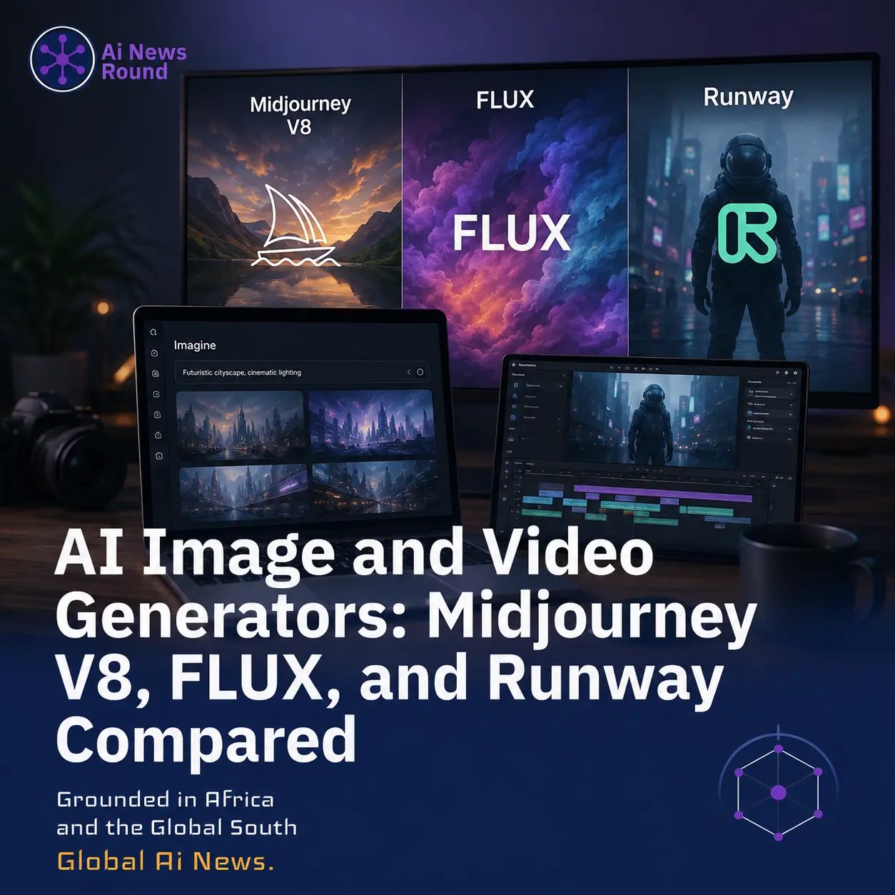 Visual showcase header highlighting Midjourney V8, FLUX, and Runway Gen-4.5 content creation tools.