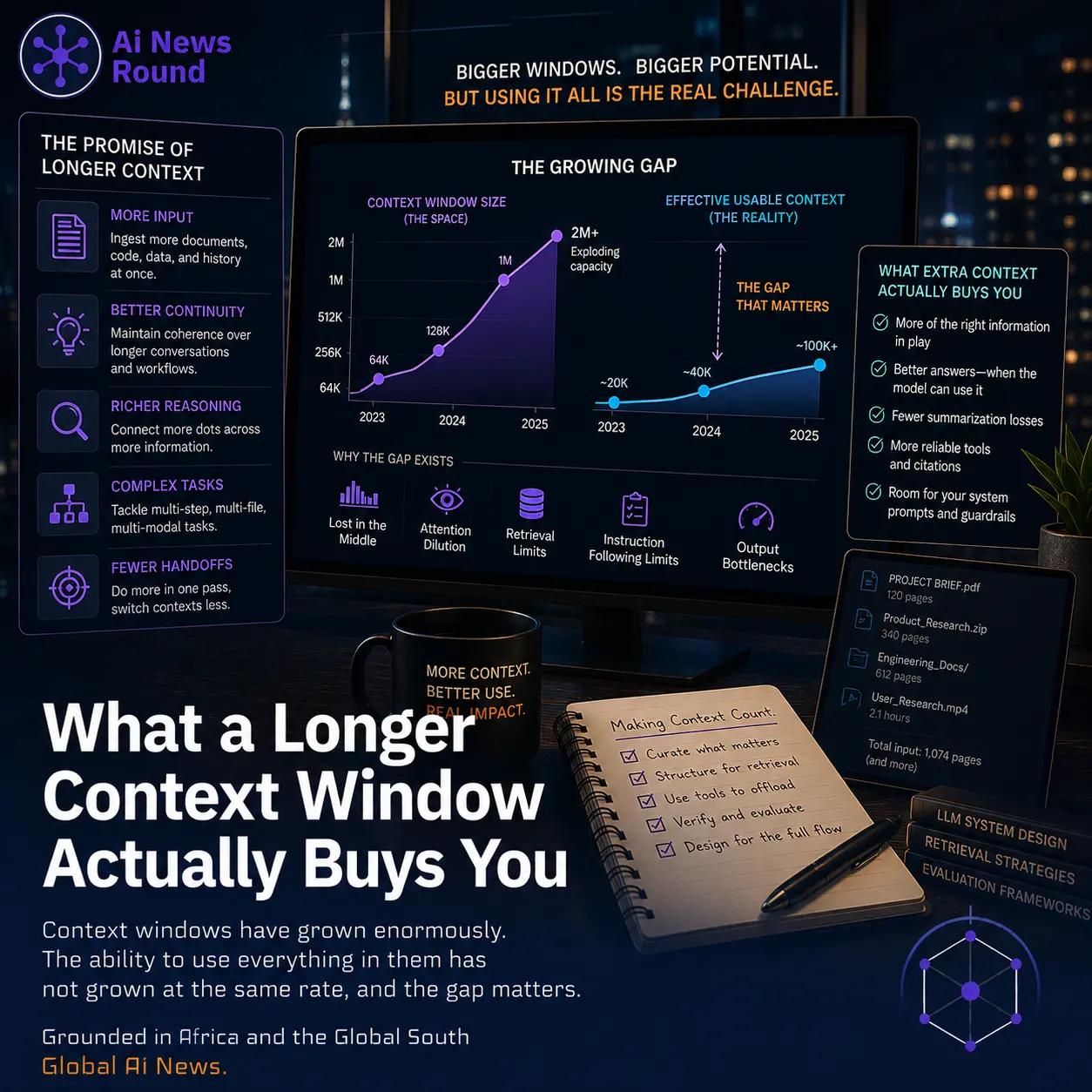 AI News Round graphic explaining how longer AI context windows improve access to documents, continuity, reasoning, and complex tasks while showing the gap between context window si